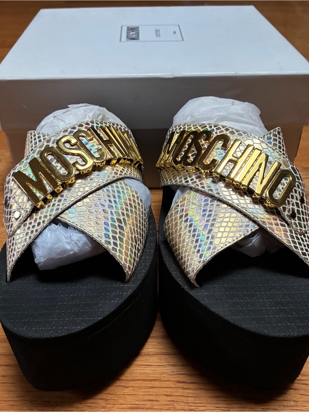 Moschino Iridescent Snake-Print Slides with Gold Logo - Picture 4 of 8